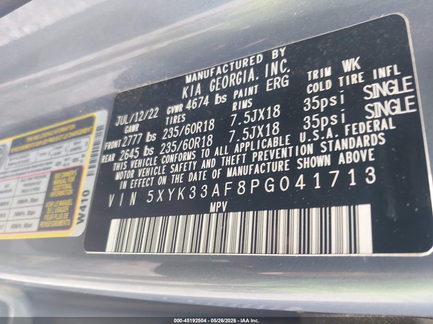 2023 Kia Sportage VIN 5XYK33AF8PG041713 IAAI salvage auction — FRONT END, Salvage Title, sold $6,600 on 2026-07-24 (photo 9)