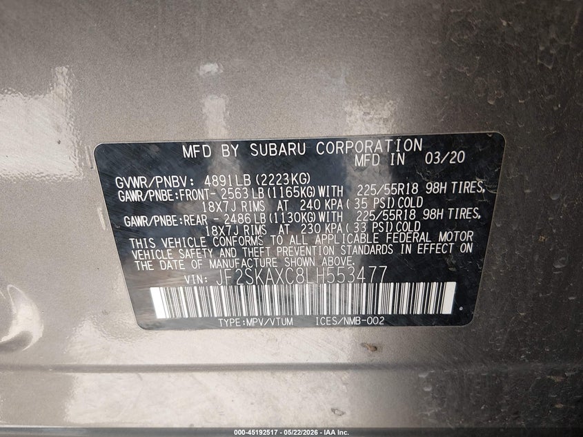 2020 Subaru Forester VIN JF2SKAXC8LH553477 IAAI salvage auction — RIGHT FRONT, Salvage Title, sold $6,500 on 2026-07-22 (photo 9)