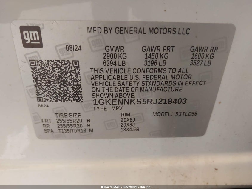 2024 Gmc Acadia VIN 1GKENNKS5RJ218403 IAAI salvage auction — BIOHAZARD/CHEMICAL, Scrap (Michigan), sold $6,600 on 2026-07-19 (photo 9)