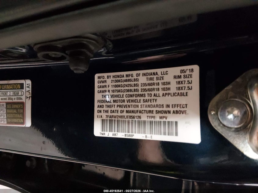 2018 Honda Cr-v VIN 7FARW2H8XJE056126 IAAI salvage auction — RIGHT SIDE, Salvage Title, sold $6,300 on 2026-07-14 (photo 9)