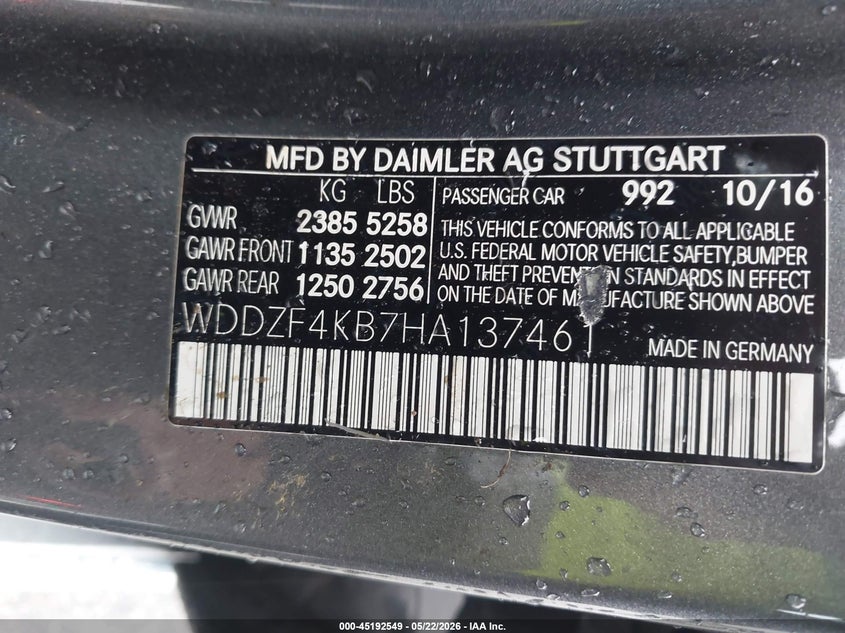 2017 Mercedes-benz E-klasse VIN WDDZF4KB7HA137461 IAAI salvage auction — FRONT END, Clear (Indiana), sold $2,700 on 2026-07-09 (photo 9)