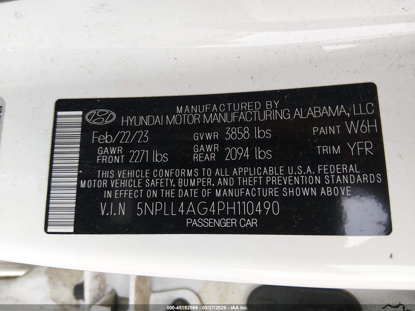 2023 Hyundai Elantra VIN 5NPLL4AG4PH110490 IAAI salvage auction — REAR END, Salvage Title, sold $4,600 on 2026-07-15 (photo 9)