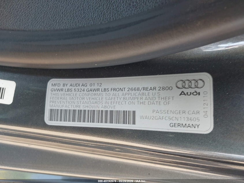 2012 Audi A7 VIN WAU2GAFC5CN113605 IAAI salvage auction — RIGHT SIDE, Salvage Title, sold $1,300 on 2026-07-29 (photo 9)