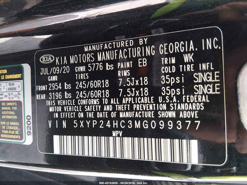 2021 Kia Telluride VIN 5XYP24HC3MG099377 IAAI salvage auction — FRONT END, Original (Texas), sold $5,350 on 2026-07-14 (photo 9)