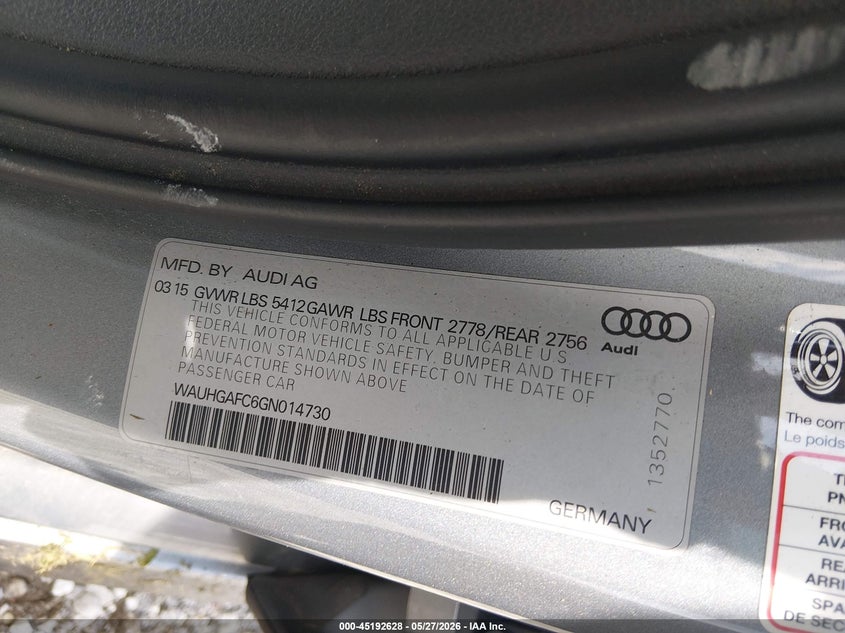 2016 Audi A6 VIN WAUHGAFC6GN014730 IAAI salvage auction — HAIL, Salvage Title, sold $1,150 on 2026-07-20 (photo 9)