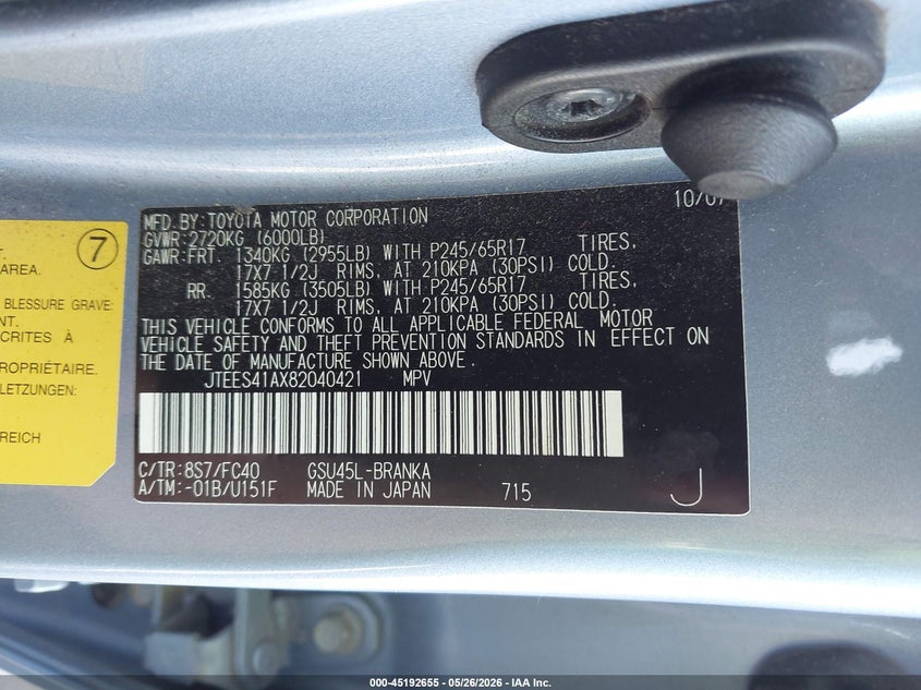 2008 Toyota Highlander VIN JTEES41AX82040421 IAAI salvage auction — FRONT END, Certificate Of Title (Nebraska), sold $1,200 on 2026-07-09 (photo 9)