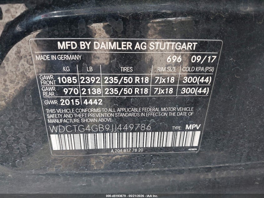2018 Mercedes-benz VIN WDCTG4GB9JJ449786 IAAI salvage auction — LEFT SIDE, Salvage (California), sold $4,600 on 2026-07-07 (photo 9)