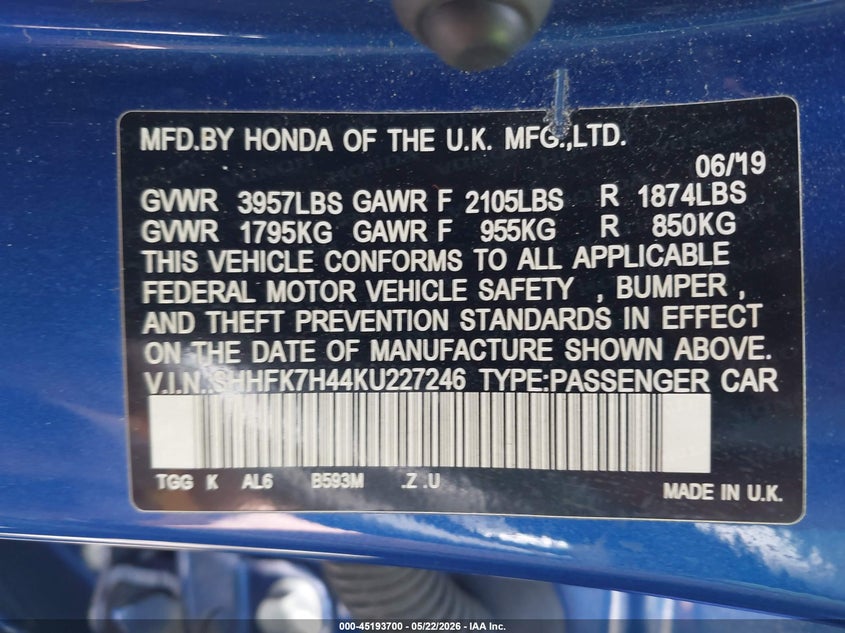 2019 Honda Civic VIN SHHFK7H44KU227246 IAAI salvage auction — FRONT END, Salvage (Illinois), sold $4,150 on 2026-07-29 (photo 9)