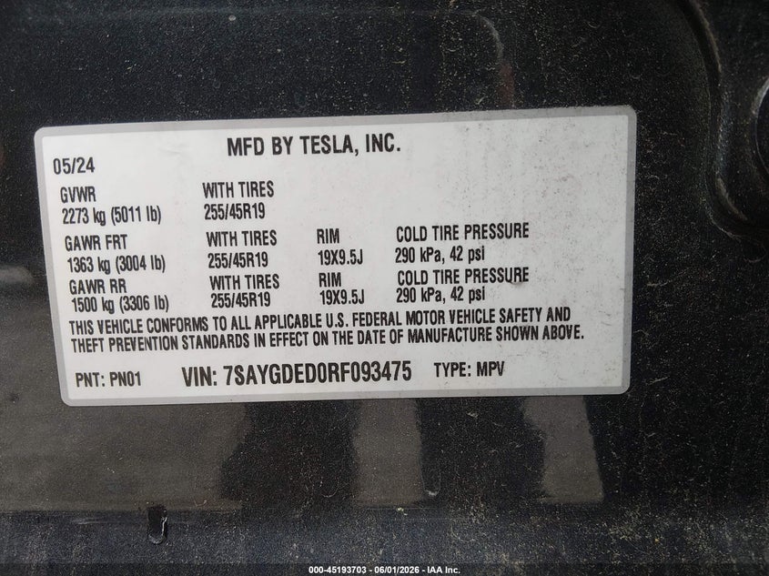 2024 Tesla Model y VIN 7SAYGDED0RF093475 IAAI salvage auction — RIGHT FRONT, Salvage (Rhode Island), sold $9,800 on 2026-07-09 (photo 9)
