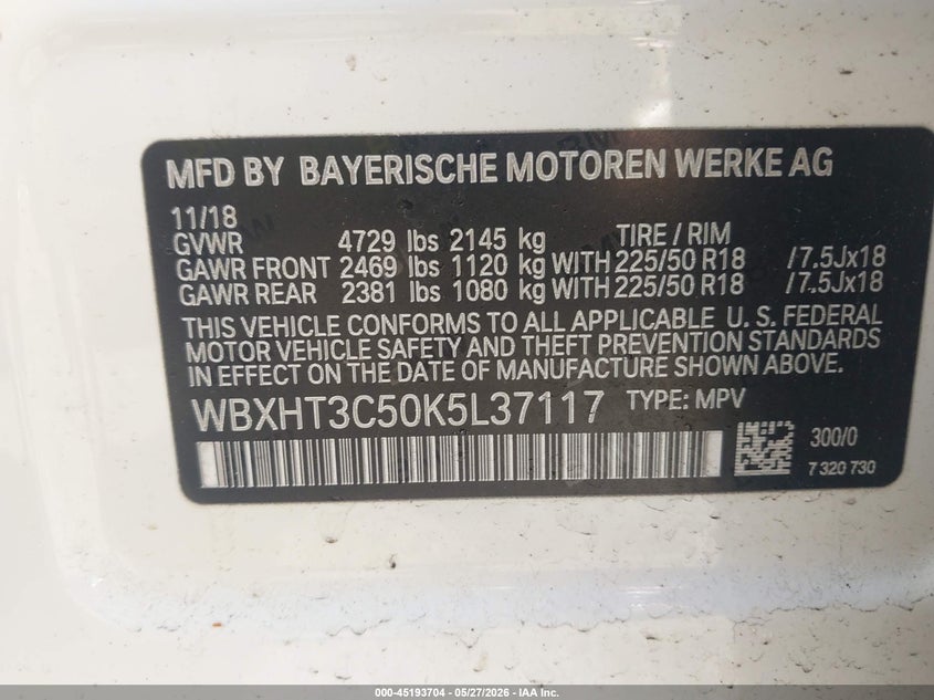 2019 BMW X1 VIN WBXHT3C50K5L37117 IAAI salvage auction — ENGINE DAMAGE, Salvage Title, sold $4,700 on 2026-07-28 (photo 9)