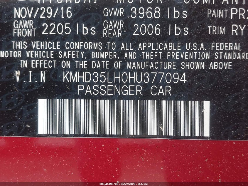 2017 Hyundai Elantra VIN KMHD35LH0HU377094 IAAI salvage auction — REAR END, Salvage - Greater Than 75% (Maryland), sold $1,150 on 2026-07-28 (photo 9)