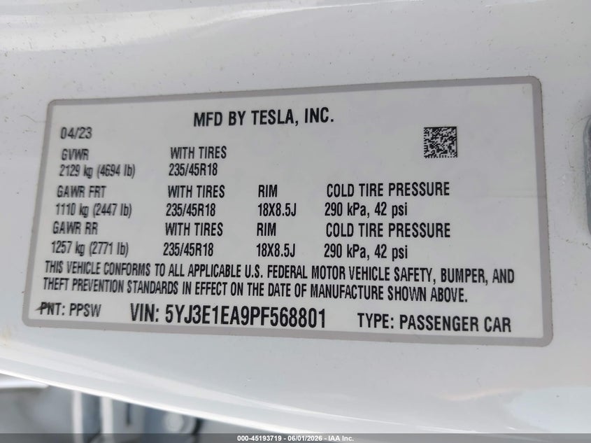 2023 Tesla Model 3 VIN 5YJ3E1EA9PF568801 IAAI salvage auction — SIDE, Salvage Title, sold $8,900 on 2026-07-15 (photo 9)