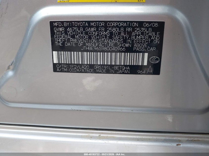 2008 Lexus Gs VIN JTHBE96S980040966 IAAI salvage auction — RIGHT FRONT, Clear (Tennessee), sold $1,150 on 2026-07-09 (photo 9)