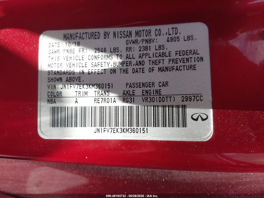 2019 Infiniti Q60 VIN JN1FV7EK3KM360151 IAAI salvage auction — LEFT FRONT, Rebuildable (Florida), sold $3,475 on 2026-07-09 (photo 9)