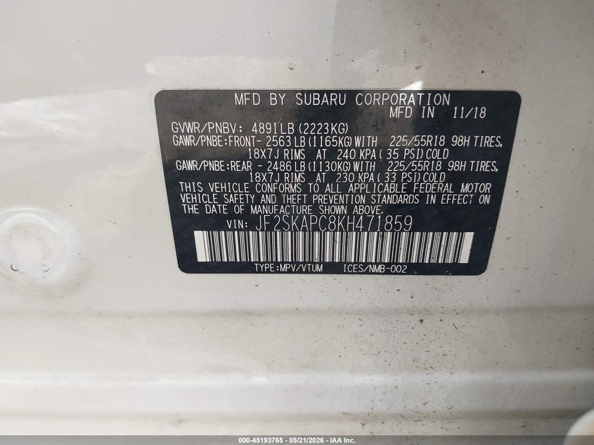 2019 Subaru Forester VIN JF2SKAPC8KH471859 IAAI salvage auction — LEFT FRONT, Salvage (Tennessee), sold $1,450 on 2026-07-23 (photo 9)