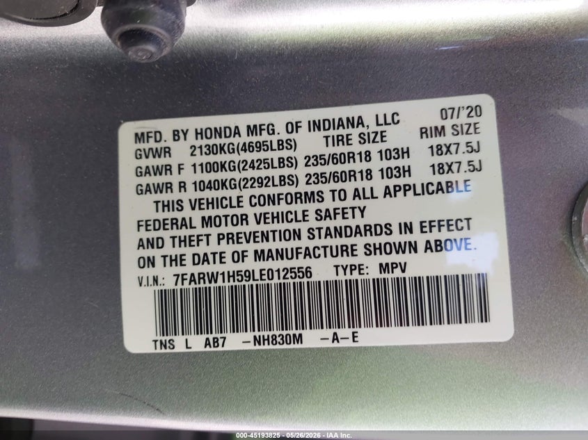 2020 Honda Cr-v VIN 7FARW1H59LE012556 IAAI salvage auction — FRONT END, Original (Texas), sold $3,300 on 2026-07-23 (photo 9)