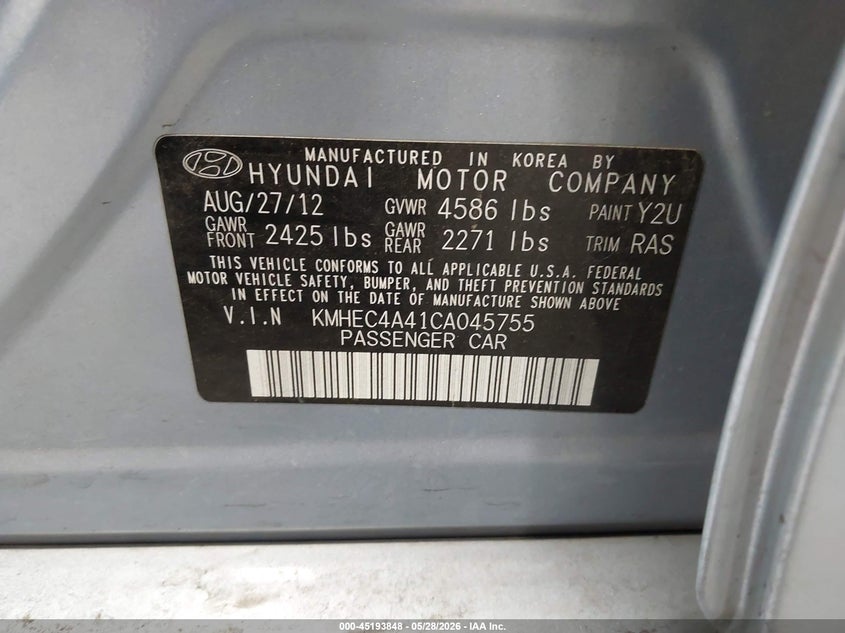 2012 Hyundai Sonata VIN KMHEC4A41CA045755 IAAI salvage auction — FRONT END, Salvage Title, sold $300 on 2026-07-22 (photo 9)