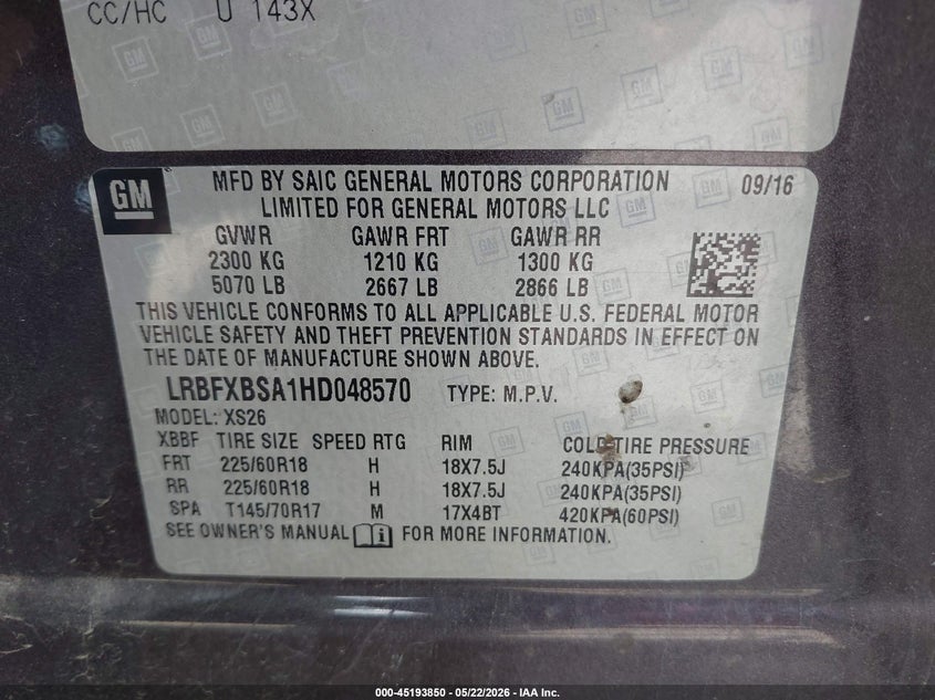 2017 Buick Envision VIN LRBFXBSA1HD048570 IAAI salvage auction — FRONT END, Original (Texas), sold $1,050 on 2026-07-30 (photo 9)