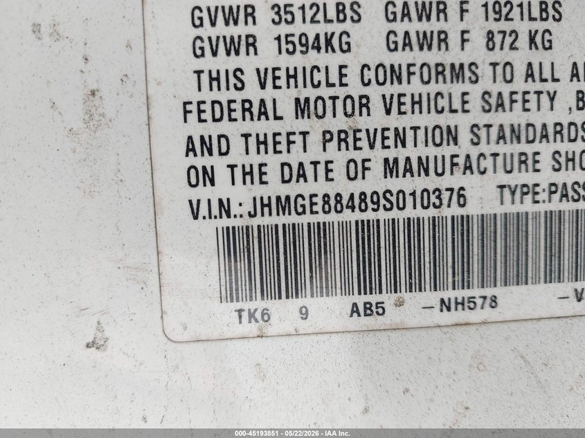 2009 Honda Fit VIN JHMGE88489S010376 IAAI salvage auction — FRONT END, Salvage (North Carolina), sold $475 on 2026-07-20 (photo 9)
