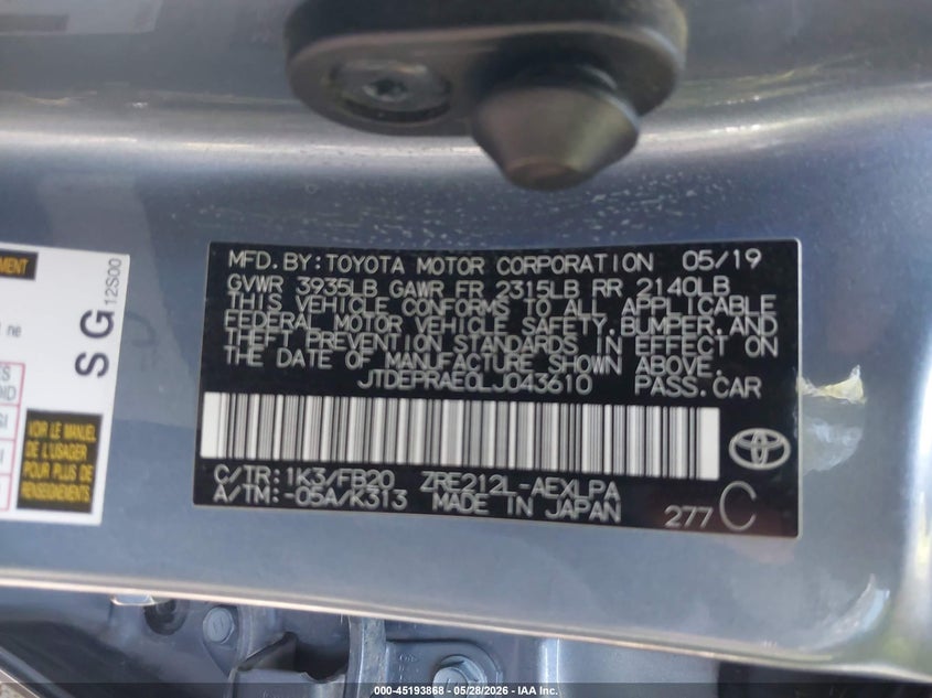 2020 Toyota Corolla VIN JTDEPRAE0LJ043610 IAAI salvage auction — FRONT END, Salvage Title, sold $3,150 on 2026-07-28 (photo 9)