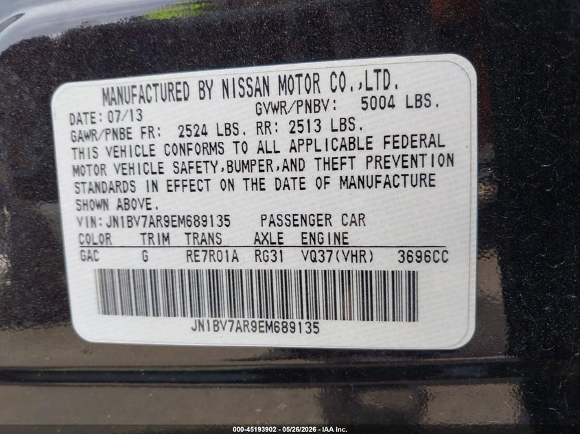 2014 Infiniti Q50 VIN JN1BV7AR9EM689135 IAAI salvage auction — LEFT SIDE, Clear (Michigan), sold $2,200 on 2026-07-23 (photo 9)