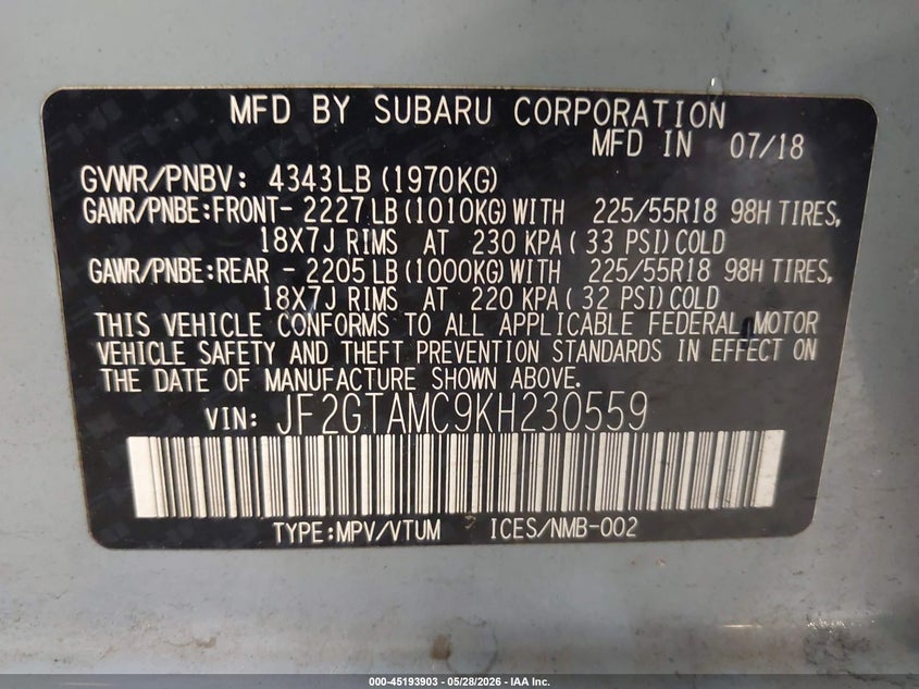 2019 Subaru Xv VIN JF2GTAMC9KH230559 IAAI salvage auction — FRONT END, Salvage Title, sold $2,200 on 2026-08-01 (photo 9)