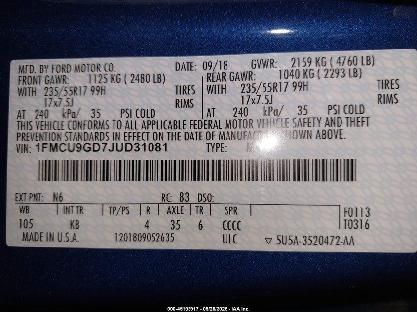 2018 Ford Escape VIN 1FMCU9GD7JUD31081 IAAI salvage auction — NORMAL WEAR, SF97 (South Dakota), sold $550 on 2026-07-09 (photo 9)