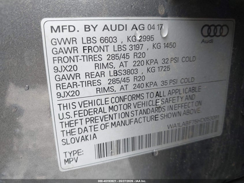 2017 Audi Q7 VIN WA1LABF75HD053091 IAAI salvage auction — SIDE, Salvage Title, sold $7,500 on 2026-07-20 (photo 9)