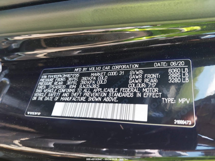 2021 Volvo Xc90 VIN YV4102PK3M1671795 IAAI salvage auction — SIDE, Salvage (Massachusetts), sold $7,350 on 2026-07-28 (photo 9)