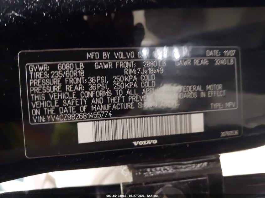 2008 Volvo Xc90 VIN YV4CZ982681455774 IAAI salvage auction — REAR END, Salvage (North Carolina), sold $275 on 2026-07-09 (photo 9)