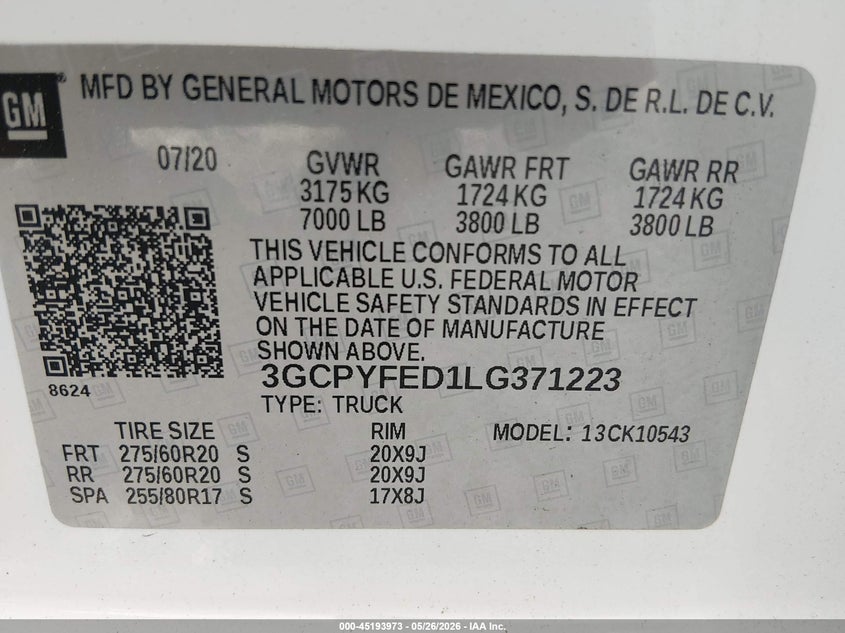 2020 Chevrolet Silverado VIN 3GCPYFED1LG371223 IAAI salvage auction — SIDE, Salvage (South Carolina), sold $8,100 on 2026-08-01 (photo 9)