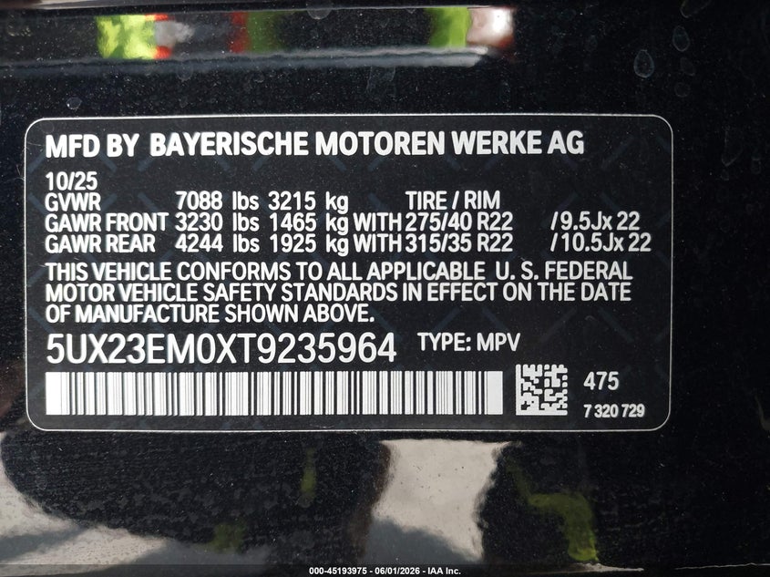 2026 BMW X7 VIN 5UX23EM0XT9235964 IAAI salvage auction — REAR END, Salvage Title, sold $54,800 on 2026-08-03 (photo 9)