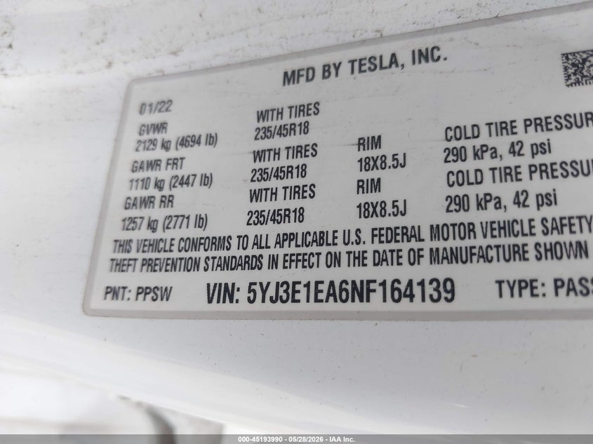2022 Tesla Model 3 VIN 5YJ3E1EA6NF164139 IAAI salvage auction — UNDERCARRIAGE, Salvage Title, sold $5,300 on 2026-07-25 (photo 9)