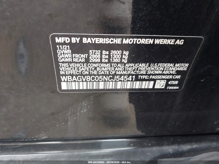 2022 BMW 8er VIN WBAGV8C05NCJ54541 IAAI salvage auction — FRONT END, Salvage (Michigan), sold $31,000 on 2026-07-15 (photo 9)