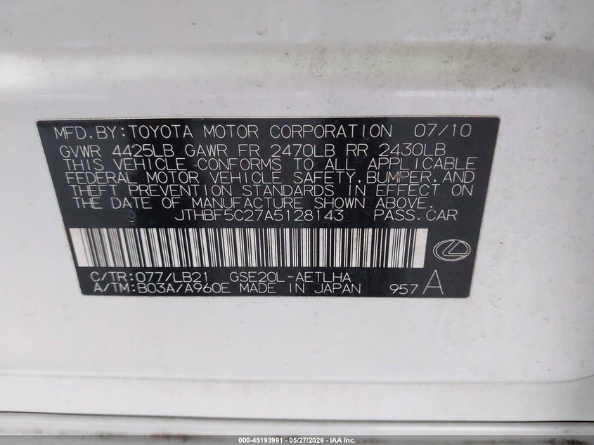 2010 Lexus Is 250 VIN JTHBF5C27A5128143 IAAI salvage auction — RIGHT FRONT, Rebuildable (Florida), sold $25 on 2026-07-29 (photo 9)