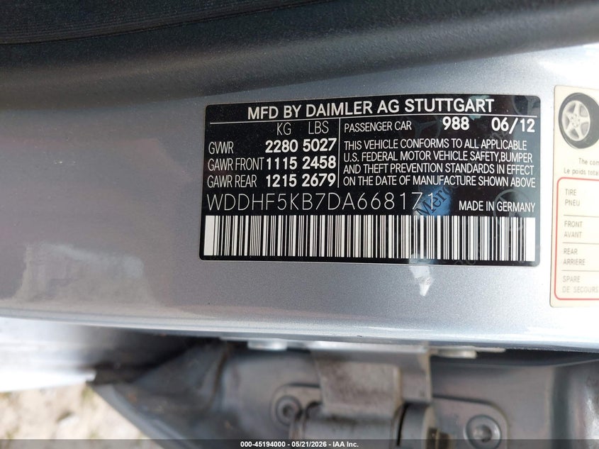 2013 Mercedes-benz VIN WDDHF5KB7DA668171 IAAI salvage auction — FRONT END, Clear (South Carolina), sold $1,900 on 2026-07-15 (photo 9)
