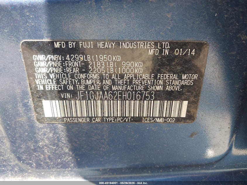 2014 Subaru Impreza VIN JF1GJAA62EH016753 IAAI salvage auction — NORMAL WEAR, Original (New Hampshire), sold $500 on 2026-07-08 (photo 9)
