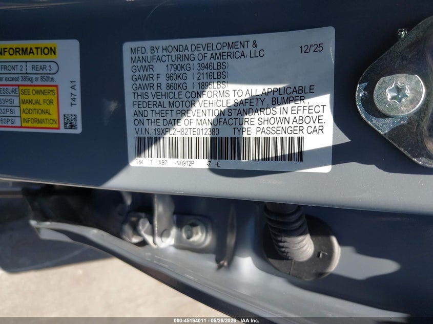 2026 Honda Civic VIN 19XFL2H82TE012380 IAAI salvage auction — REAR END, Salvage Title, sold $9,700 on 2026-07-31 (photo 9)
