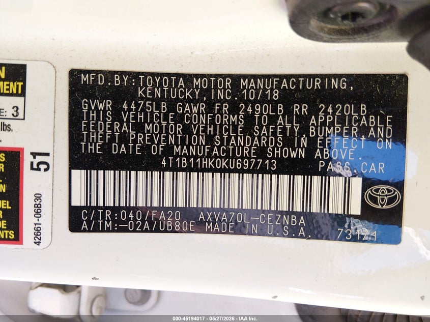2019 Toyota Camry VIN 4T1B11HK0KU697713 IAAI salvage auction — UNKNOWN, Clear (Wisconsin), sold $5,200 on 2026-07-22 (photo 9)