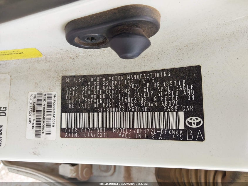 2017 Toyota Corolla VIN 5YFBURHE8HP610103 IAAI salvage auction — FRONT END, Original (Texas), sold $2,850 on 2026-07-29 (photo 9)