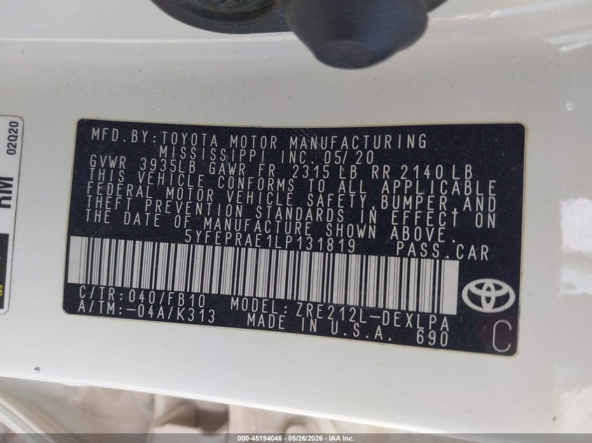 2020 Toyota Corolla VIN 5YFEPRAE1LP131819 IAAI salvage auction — FRONT END, Rebuildable (Florida), sold $3,400 on 2026-07-20 (photo 9)