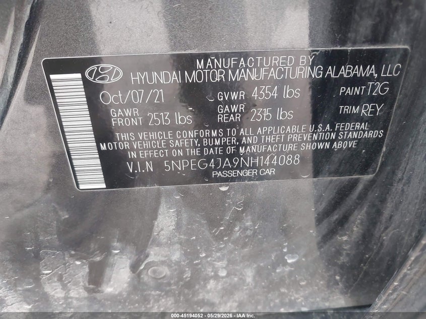 2022 Hyundai Sonata VIN 5NPEG4JA9NH144088 IAAI salvage auction — FRONT END, Salvage (Montana), sold $2,700 on 2026-07-15 (photo 9)