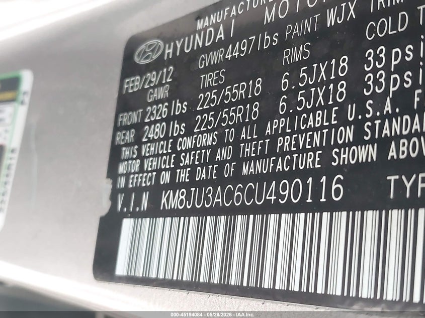 2012 Hyundai Tucson VIN KM8JU3AC6CU490116 IAAI salvage auction — REAR END, Original (Texas), sold $2,650 on 2026-07-10 (photo 9)