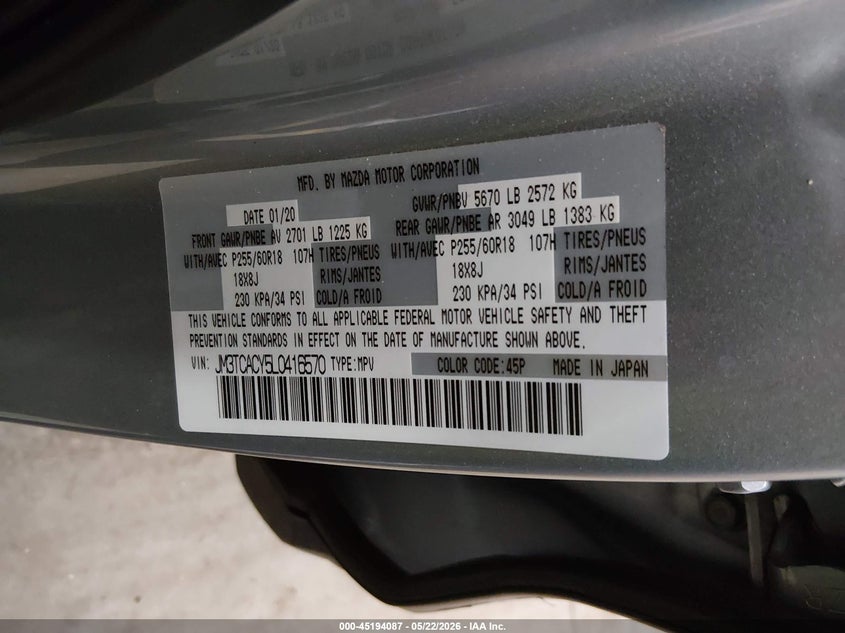 2020 Mazda Cx-9 VIN JM3TCACY5L0416570 IAAI salvage auction — SIDE, Salvage (Arizona), sold $4,000 on 2026-07-28 (photo 9)