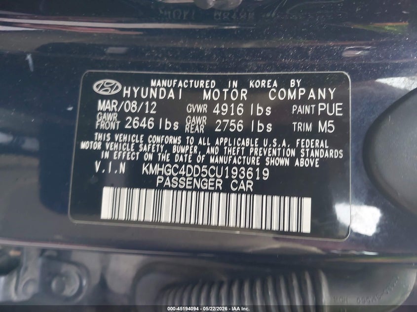 2012 Hyundai Genesis VIN KMHGC4DD5CU193619 IAAI salvage auction — LEFT FRONT, Prior Salvage (Minnesota), sold $575 on 2026-07-13 (photo 9)