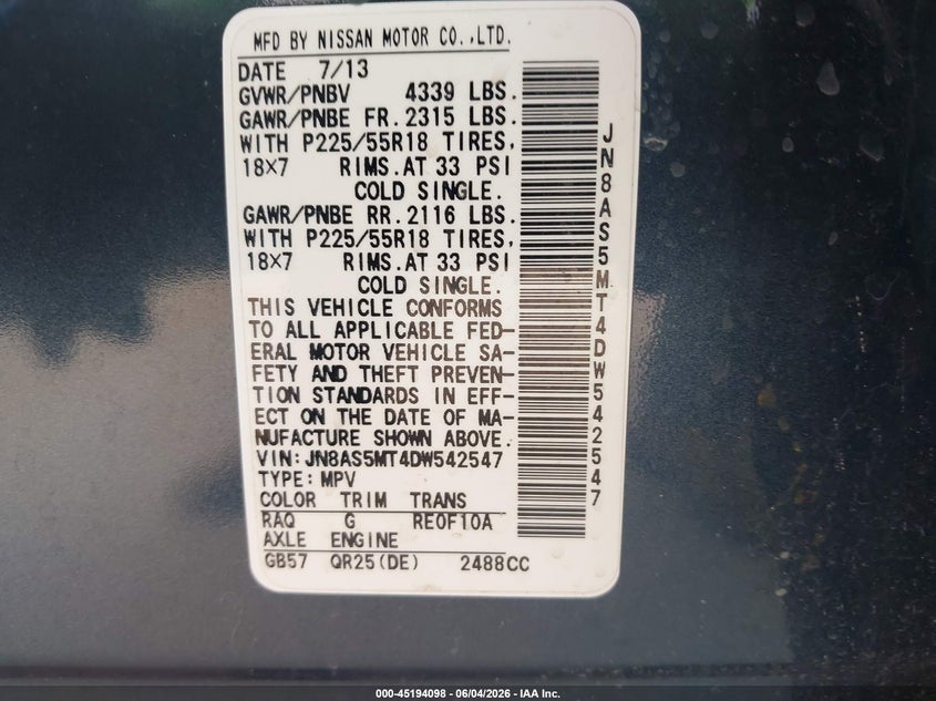 2013 Nissan Rogue VIN JN8AS5MT4DW542547 IAAI salvage auction — FRONT END, Salvage Title, sold $850 on 2026-07-08 (photo 9)