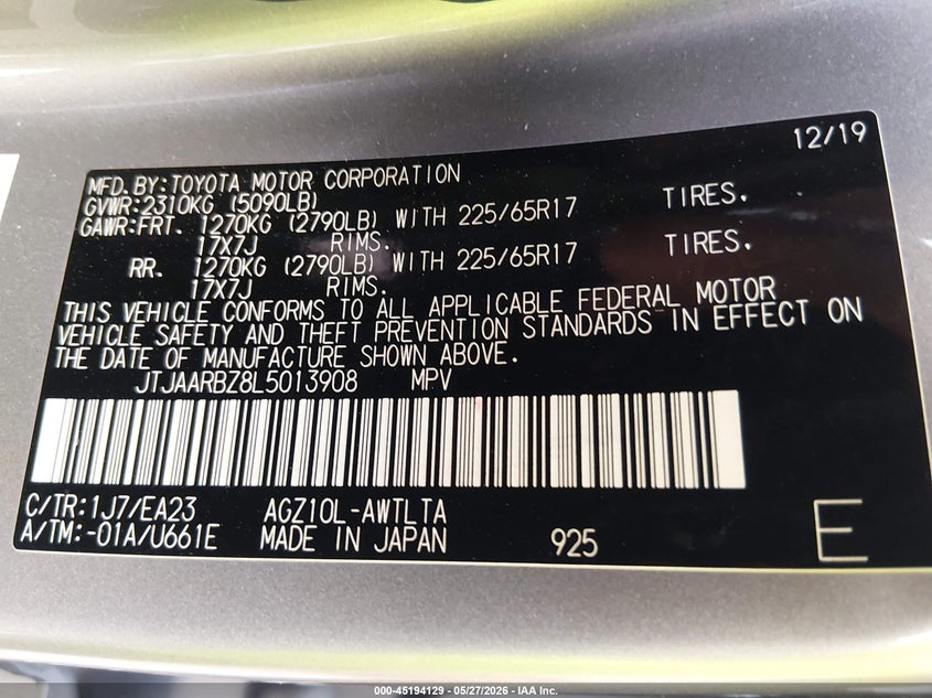 2020 Lexus Nx VIN JTJAARBZ8L5013908 IAAI salvage auction — FRONT END, Salvage Title, sold $2,975 on 2026-07-14 (photo 9)