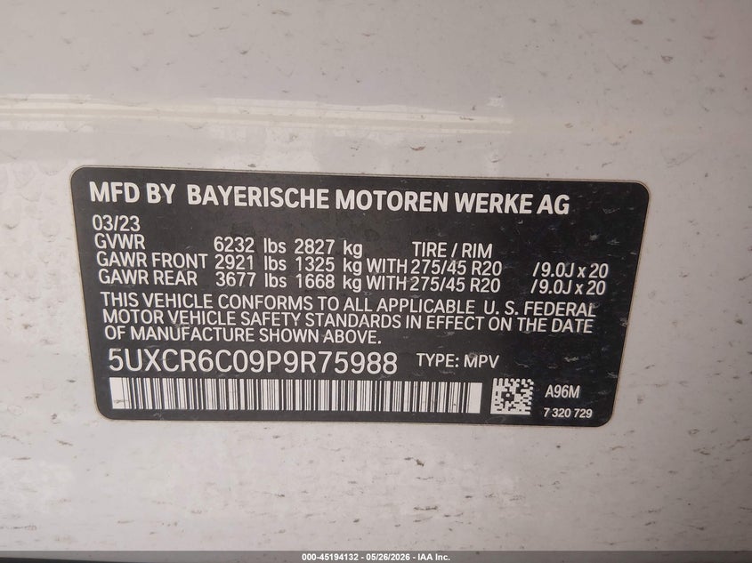 2023 BMW X5 VIN 5UXCR6C09P9R75988 IAAI salvage auction — RIGHT SIDE, Salvage Title, sold $23,950 on 2026-07-13 (photo 9)