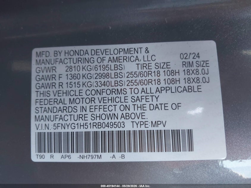 2024 Honda Pilot VIN 5FNYG1H51RB049503 IAAI salvage auction — FRONT END, Salvage Title, sold $10,500 on 2026-07-31 (photo 9)