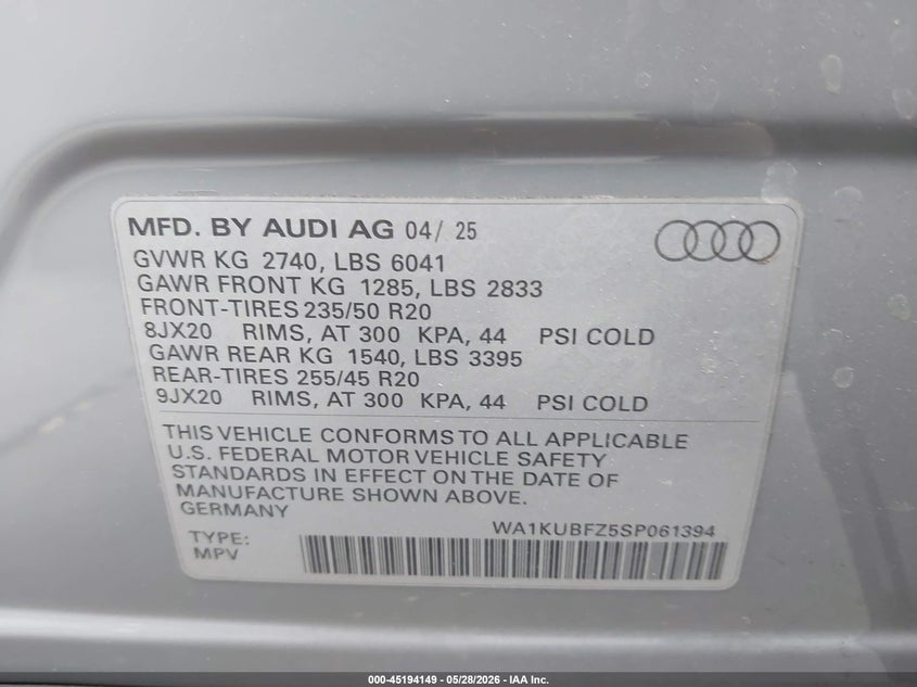 2025 Audi Q4 e-tron VIN WA1KUBFZ5SP061394 IAAI salvage auction — FRONT END, Salvage Title, sold $14,425 on 2026-07-15 (photo 9)